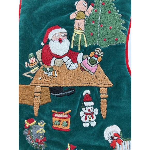 Vintage Christmas Stocking Crewel Embroidery Velvet Handmade - Picture 2 of 7